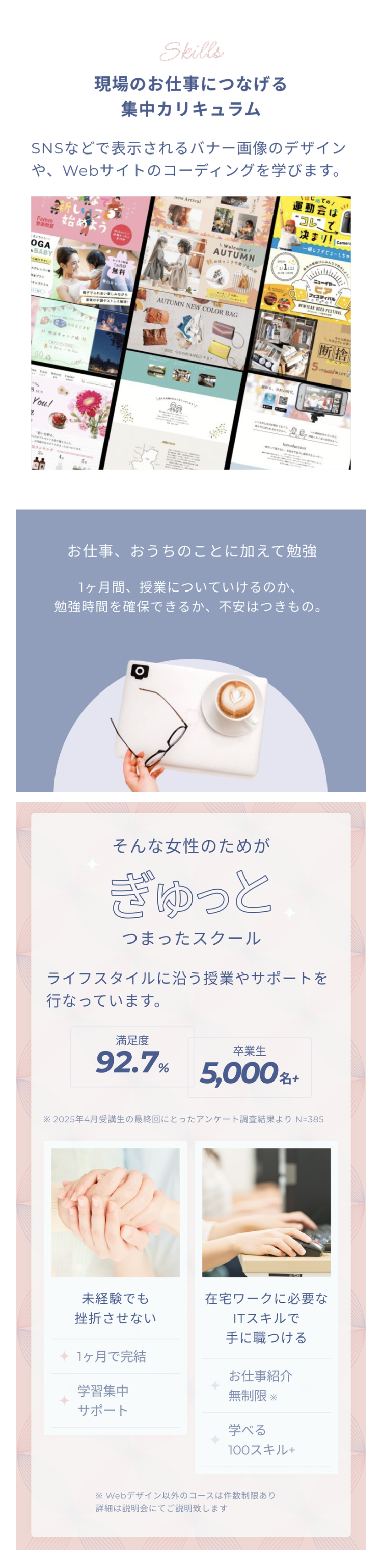 Skills
現場のお仕事につなげる
集中カリキュラム